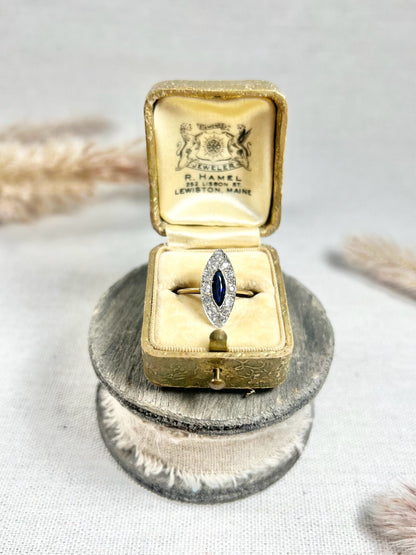 Edwardian 18 Carat Gold and Platinum Sapphire Diamond Marquise/Navette Ring