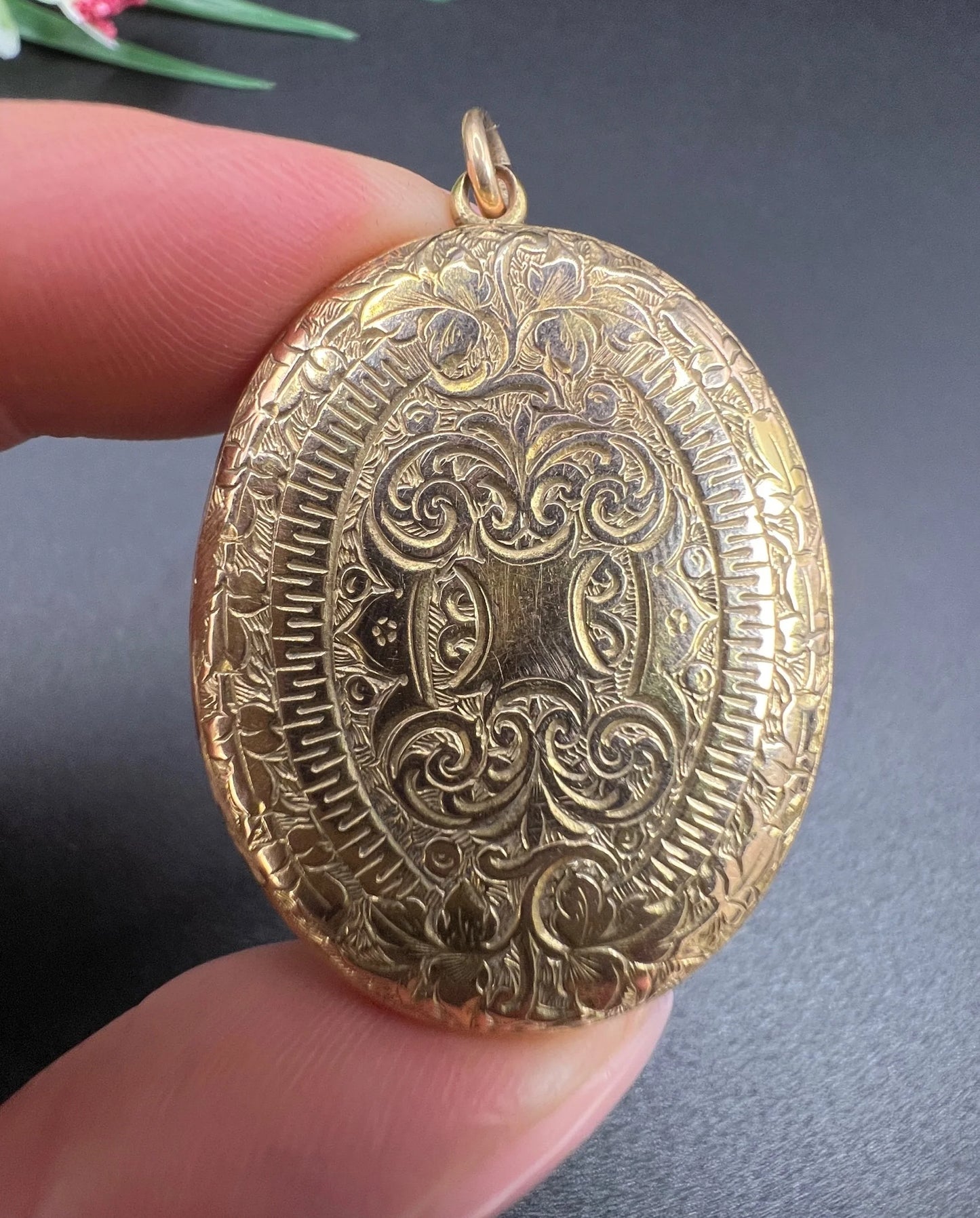 Victorian 15 Carat Yellow Gold Floral Engraved Peony Oval Locket, Circa 1880