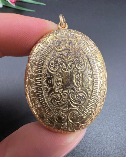 Victorian 15 Carat Yellow Gold Floral Engraved Peony Oval Locket, Circa 1880