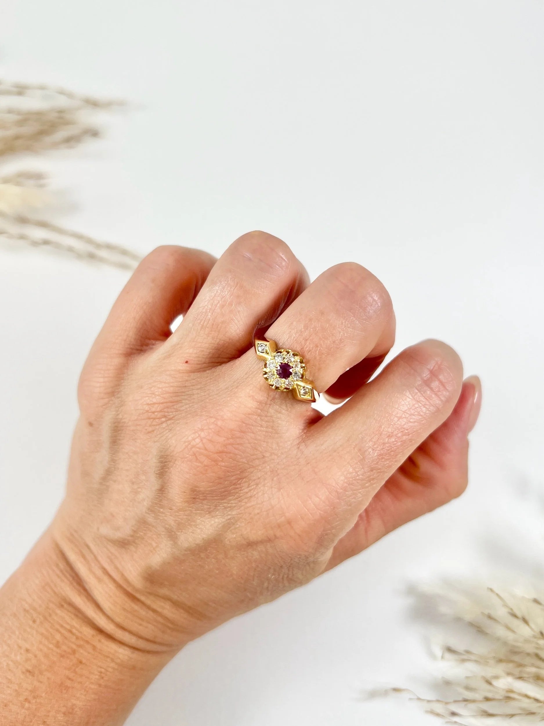 Antique 18 ct Yellow Gold Fancy Ruby And Diamond Daisy Cluster Ring