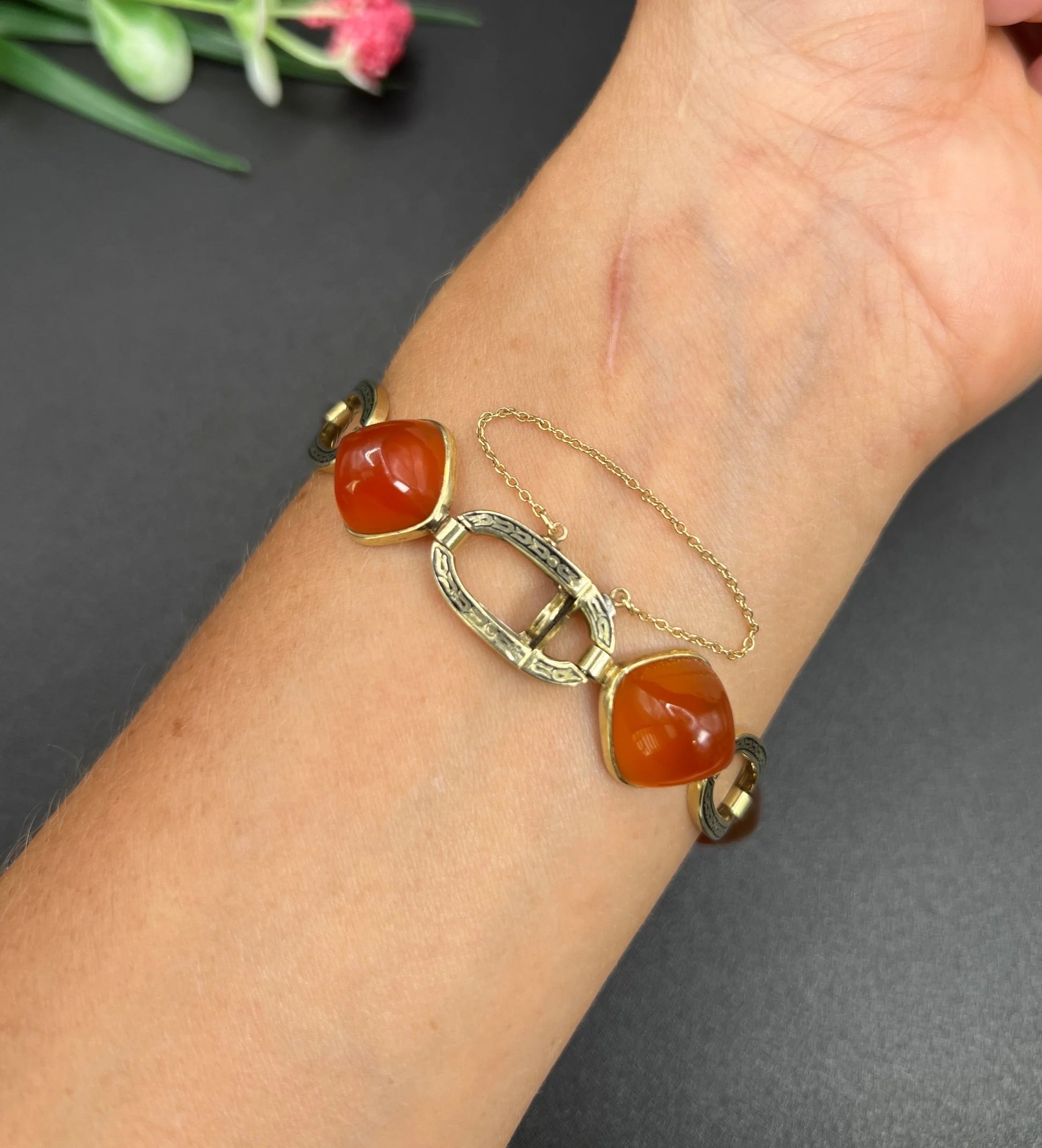 Antique 14 Carat Yellow Gold Carnelian and Black Enamel Bracelet, Circa 1920