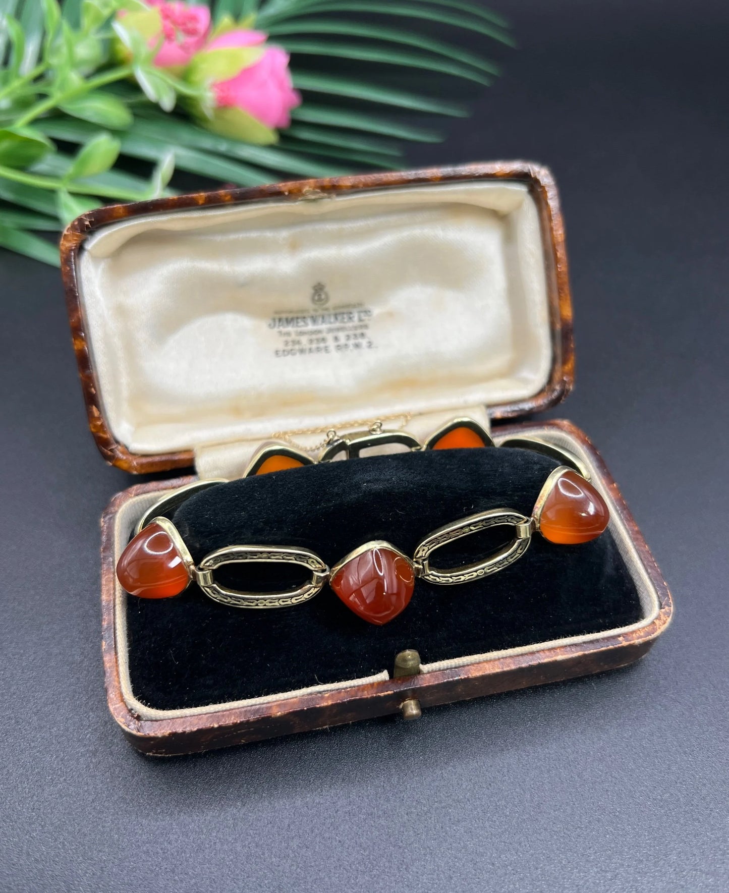 Antique 14 Carat Yellow Gold Carnelian and Black Enamel Bracelet, Circa 1920