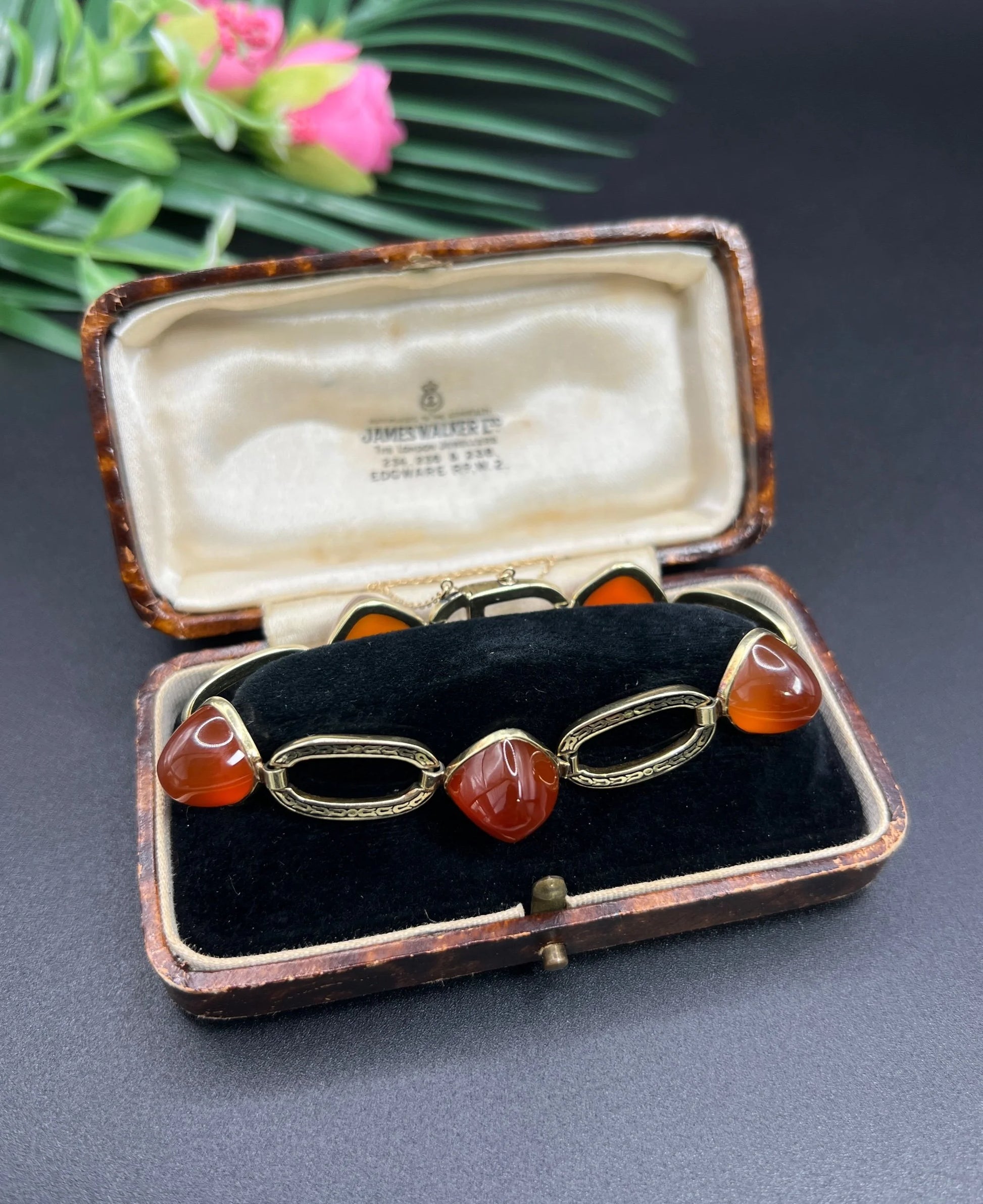 Antique 14 Carat Yellow Gold Carnelian and Black Enamel Bracelet, Circa 1920
