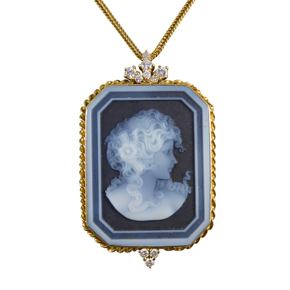 Diamond and Banded Agate Portrait Pendant