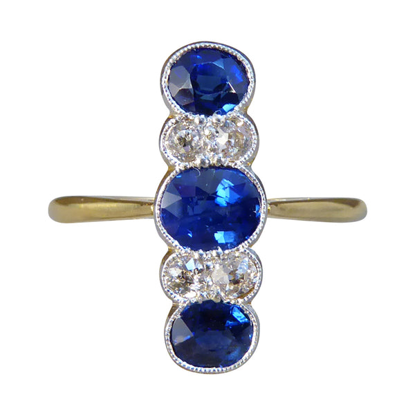 Antique Edwardian Sapphire and Diamond Vertical Five Stone Ring