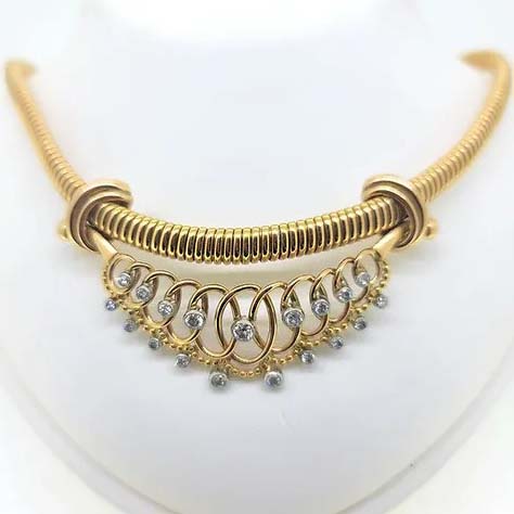 Vintage French 1.50ct Diamond Pendant Gold Tubogas Collar Necklace, 18ct yellow gold tubogas collar necklace with detachable diamond set pendant/bib