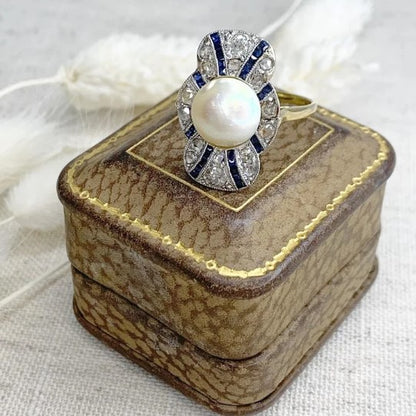 Edwardian Antique Natural Pearl Sapphire and Diamond Plaque Cocktail Ring