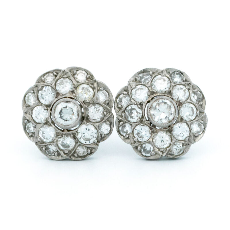Art Deco Style Diamond and Platinum Cluster Earrings, 1.30 carats