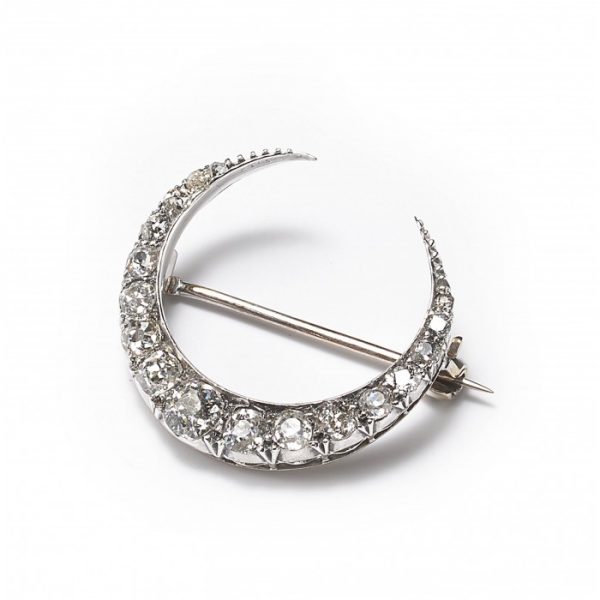Antique Victorian Old Cut Diamond Crescent Brooch, set with 2.00 carats of graduating old mine-cut diamonds