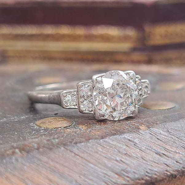 Antique Vintage Art Deco 1.68ct Old Brilliant Cut Diamond Engagement Ring, 1.68ct old brilliant-cut diamond flanked by single-cut diamonds in 18ct white gold and platinum