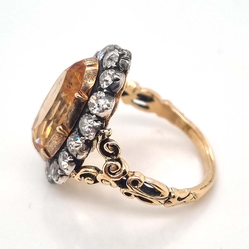 Victorian Antique 6.73ct Imperial Topaz and 1.60ct Old Cut Diamond Cluster Ring