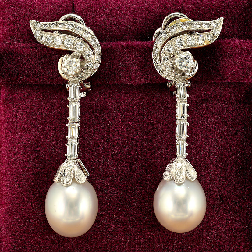 Vintage 1940s South Sea Pearl and Diamond Drop Earrings, 2.15 carat total
