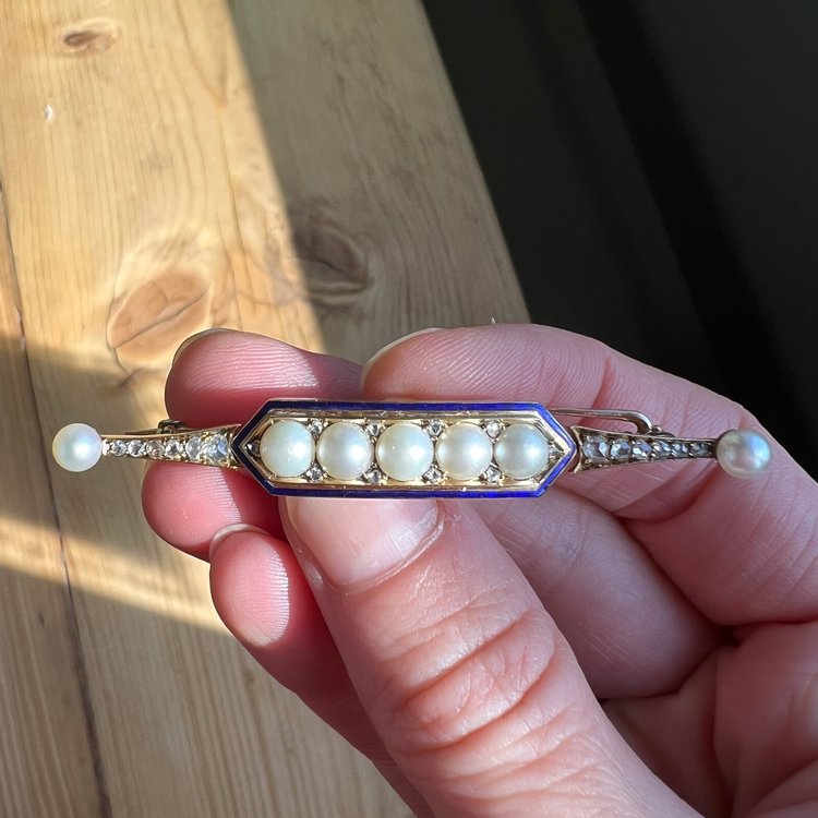 Antique Victorian Rose Cut Diamond and Pearl Bar Brooch