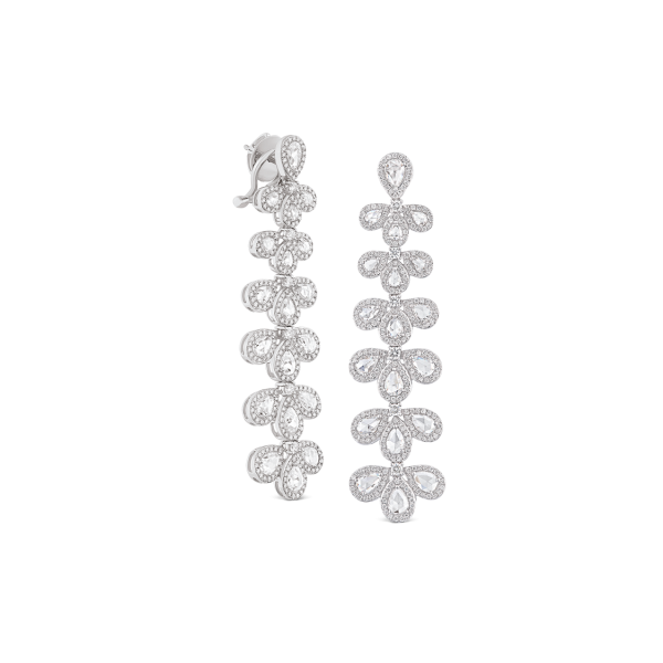 Ornate Rose Cut Diamond Drop Earrings; Opulent earrings crafted with 38 rose-cut and 584 round brilliant cut diamonds totaling 5.32 carats, 18ct white gold