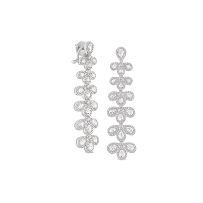 Ornate Rose Cut Diamond Drop Earrings; Opulent earrings crafted with 38 rose-cut and 584 round brilliant cut diamonds totaling 5.32 carats, 18ct white gold