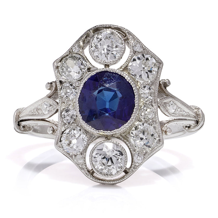 Art Deco Sapphire and Diamond Engagement Plaque Ring 1920s Vintage Antique