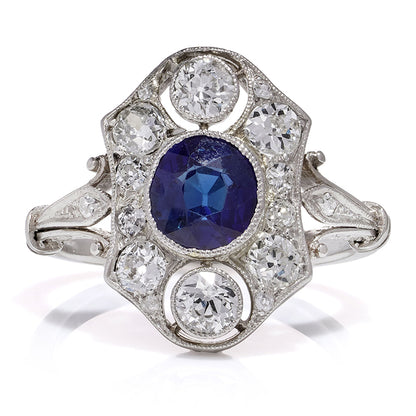 Art Deco Sapphire and Diamond Engagement Plaque Ring 1920s Vintage Antique