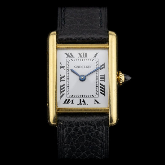 Vintage Cartier Tank Louis Cartier 18ct Yellow Gold Small Model Paris Manual Watch with Cartier Service Papers Paris signed case, Circa 1970s