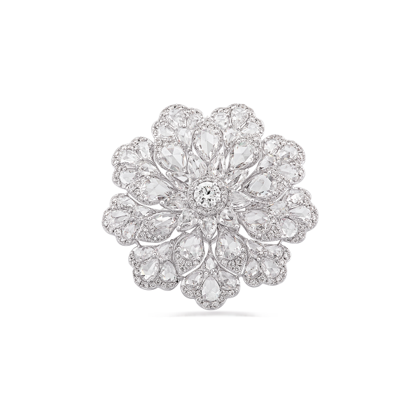 Diamond Flower Cluster Cocktail Ring; set with 54 pear shaped rose cut diamonds surrounded by round brilliant cut diamonds, 4.38 carat total, diamonds have G/H colour and VS clarity