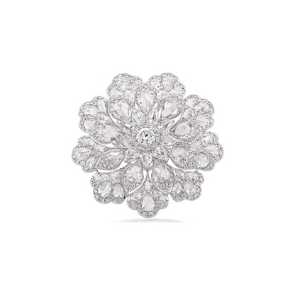 Diamond Flower Cluster Cocktail Ring; set with 54 pear shaped rose cut diamonds surrounded by round brilliant cut diamonds, 4.38 carat total, diamonds have G/H colour and VS clarity