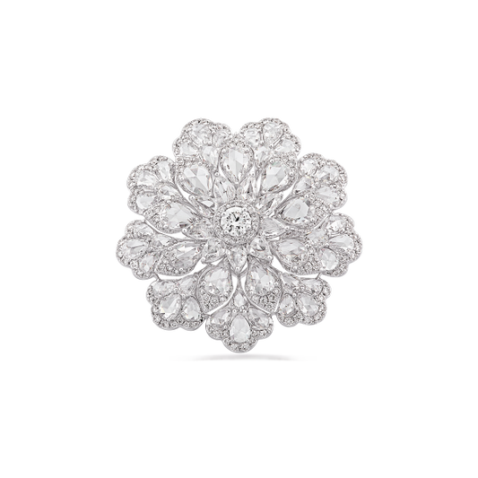 Diamond Flower Cluster Cocktail Ring; set with 54 pear shaped rose cut diamonds surrounded by round brilliant cut diamonds, 4.38 carat total, diamonds have G/H colour and VS clarity