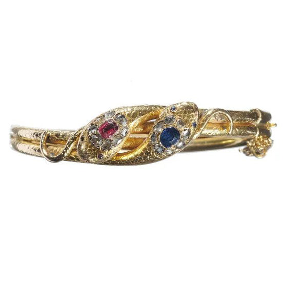 Victorian Antique Ruby Sapphire Diamond Gold Double Head Snake Bangle Bracelet