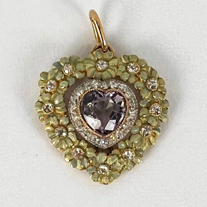 Morganite Heart Enamel and Diamond Flower Cluster Pendant