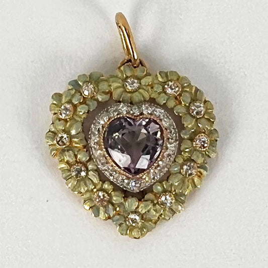 Morganite Heart Enamel and Diamond Flower Cluster Pendant