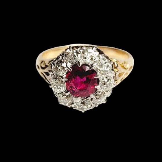 Victorian Antique Ruby and Old Cut Diamond Crown Cluster Engagement Ring