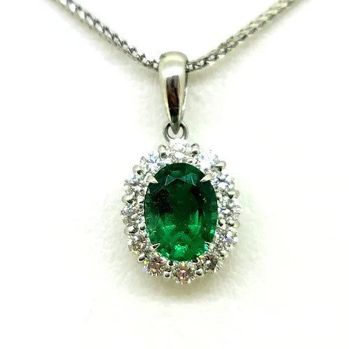 1.66ct Oval Emerald and Diamond Cluster Pendant with Chain
