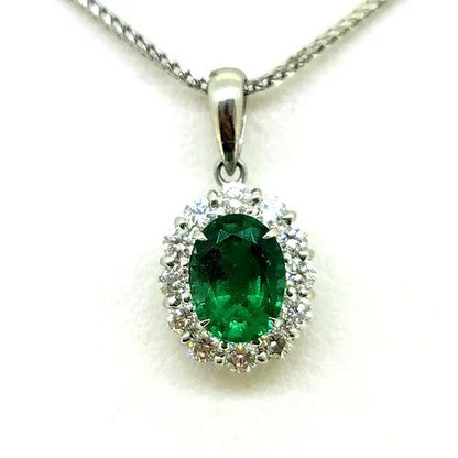 1.66ct Oval Emerald and Diamond Cluster Pendant with Chain