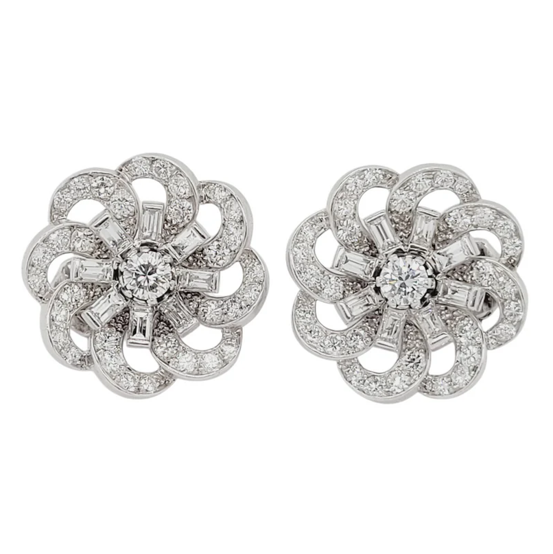 Art Deco Baguette Diamond Flower Cluster Earrings, 3.92 carats