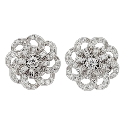 Art Deco Baguette Diamond Flower Cluster Earrings, 3.92 carats