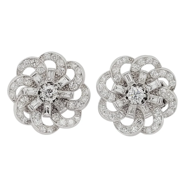 Art Deco Baguette Diamond Flower Cluster Earrings, 3.92 carats