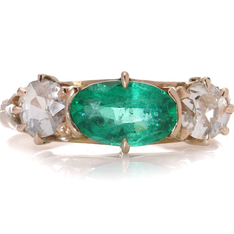 1ct Colombian Emerald and Old Cut Diamond Three Stone Engagement Ring in 18ct yellow gold