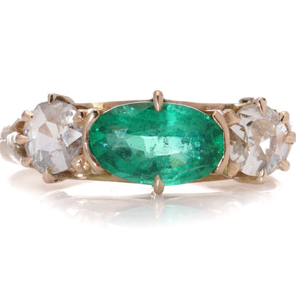 1ct Colombian Emerald and Old Cut Diamond Three Stone Engagement Ring in 18ct yellow gold