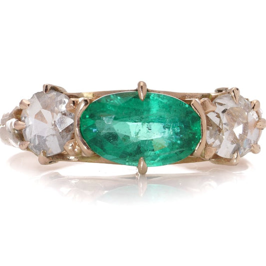 1ct Colombian Emerald and Old Cut Diamond Three Stone Engagement Ring in 18ct yellow gold