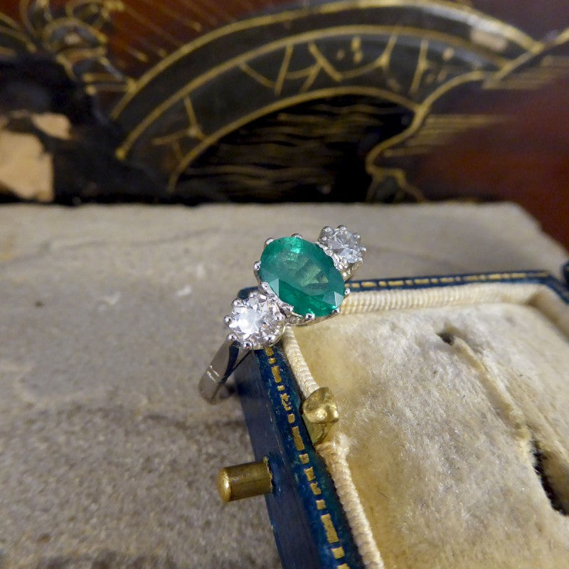 1ct Emerald and Diamond Three Stone Ring