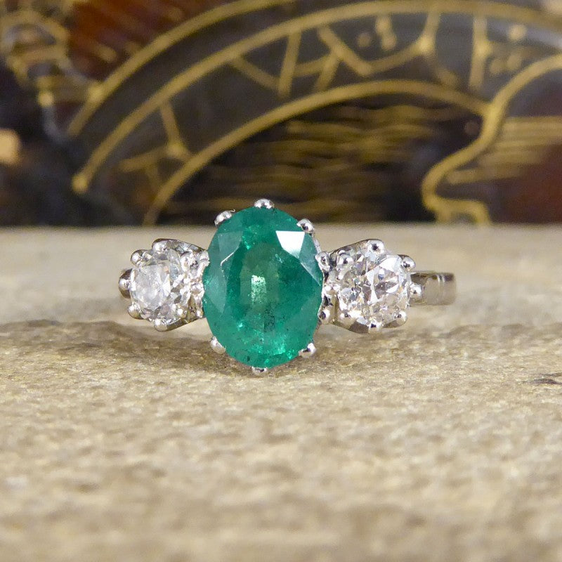 1ct Emerald and Diamond Three Stone Ring