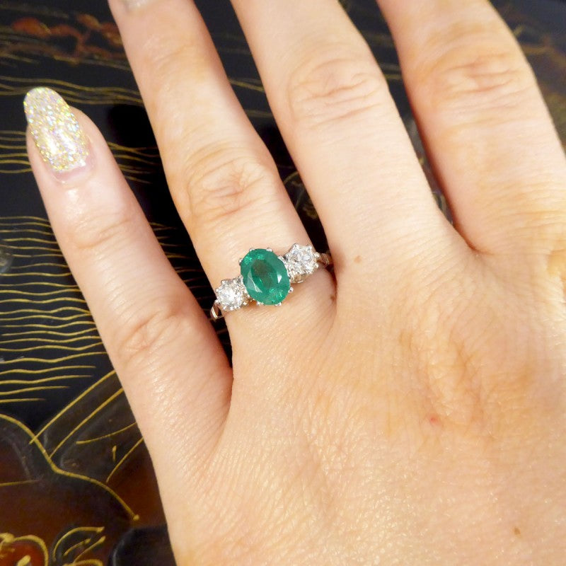 1ct Emerald and Diamond Three Stone Ring