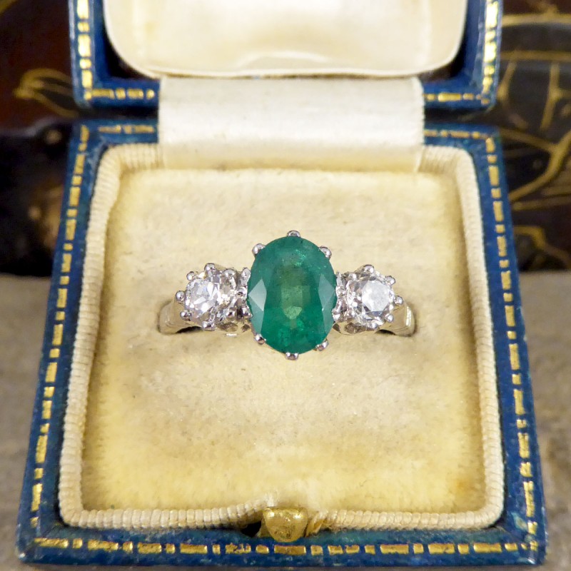 1ct Emerald and Diamond Three Stone Ring