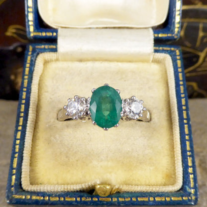 1ct Emerald and Diamond Three Stone Ring