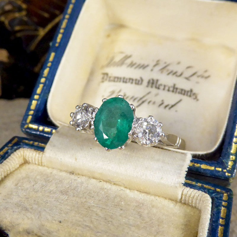 1ct Emerald and Diamond Three Stone Ring