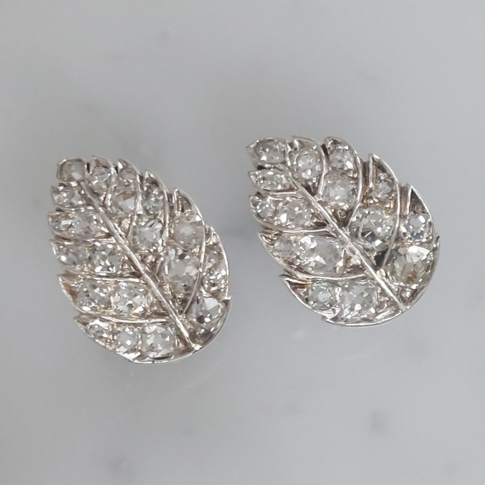 1ct Old Mine Cut Diamond Antique Leaf Earrings