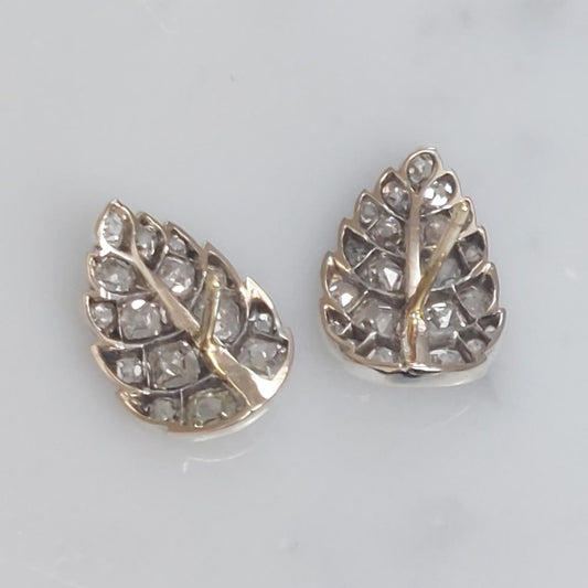 1ct Old Mine Cut Diamond Antique Leaf Earrings