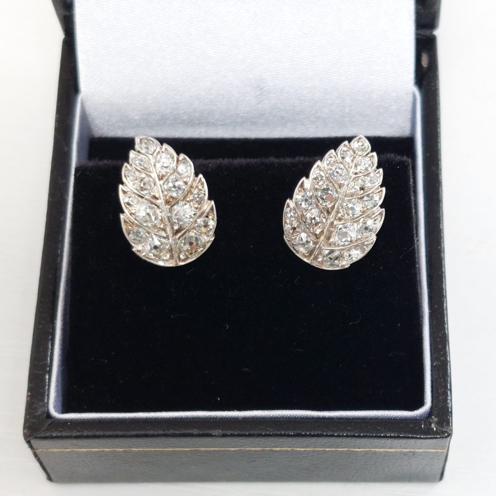 1ct Old Mine Cut Diamond Antique Leaf Earrings