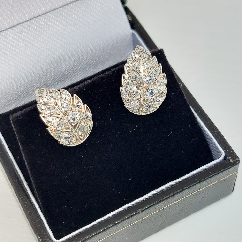1ct Old Mine Cut Diamond Antique Leaf Earrings