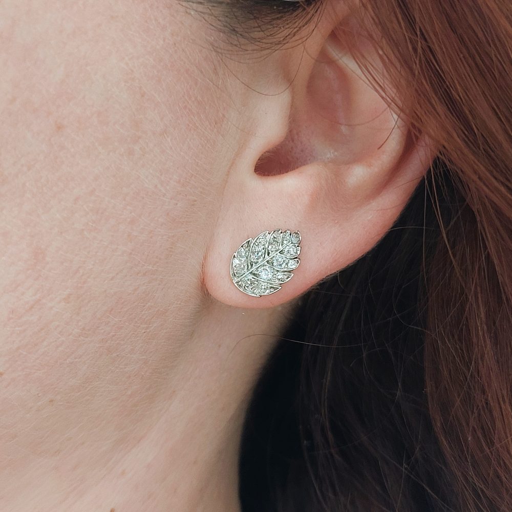1ct Old Mine Cut Diamond Antique Leaf Earrings