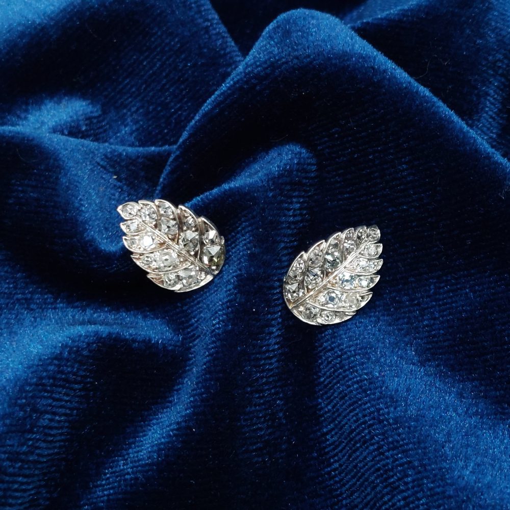 1ct Old Mine Cut Diamond Antique Leaf Earrings