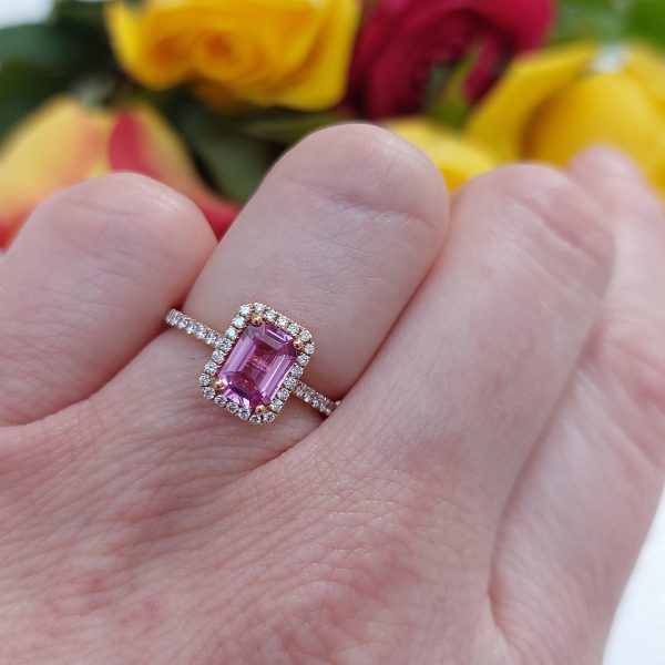 1ct Pink Sapphire and Diamond Rectangular Cluster Ring
